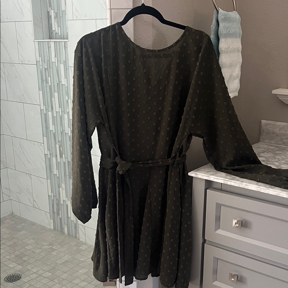 She + Sky Dark Green Dress with Brown Dots